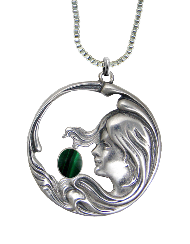 Sterling Silver Woman Maiden of the Wind Pendant With Malachite
